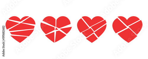 Red broken heart shapes with fragmented pieces