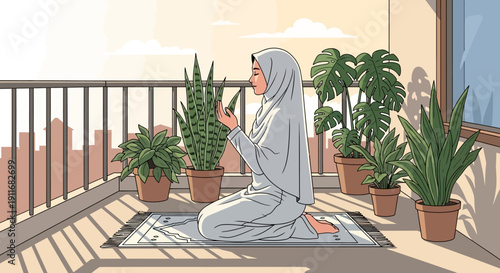 Muslim Woman Praying on Balcony with Plants, Peaceful Morning
