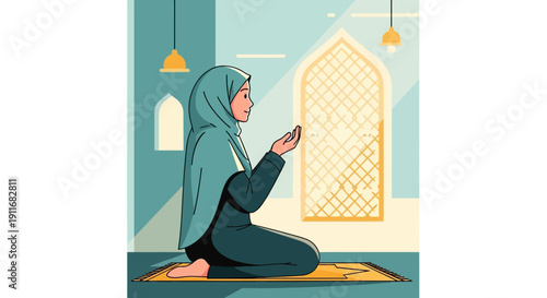 Muslim Woman Praying on Rug in Mosque, Wearing Hijab, Soft Light