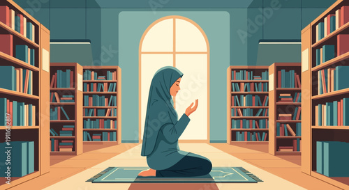 Muslim Woman Praying on Rug in Library, Peaceful Solitude and Faith