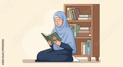 Muslim Woman Reading Quran in Hijab by Bookshelf