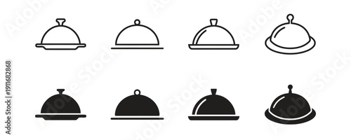 Restaurant cloche icon set in outline and solid styles for food service