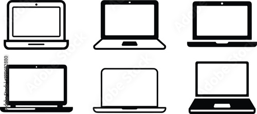Set of black laptop computer silhouettes isolated on white background showing different angles and styles, modern portable technology icons, minimalist vector illustration collection