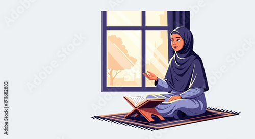 Muslim Woman Reading Quran Indoors Near Window