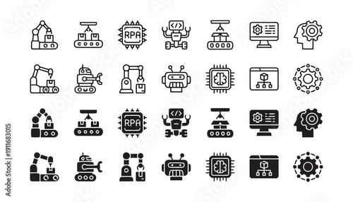 Robotic process automation RPA icons set industrial technology automation concept