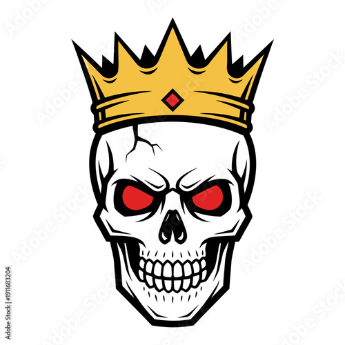 Vector illustration of an intimidating skull wearing a majestic golden crown with glowing red eyes, symbolizing power and rebellion