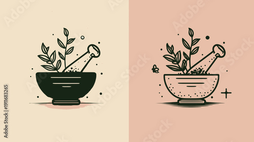 Stylized illustration of a mortar and pestle with herbs, butterfly, and dots on two-tone background