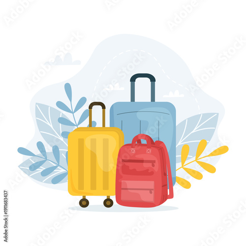Modern flat vector illustration of a group of colored suitcases on a light background