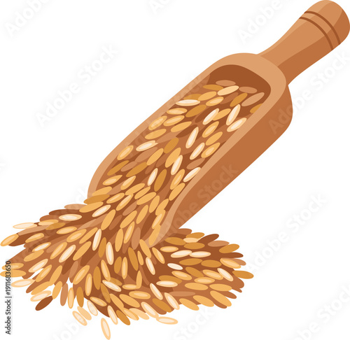 Organic brown rice grains spread in a scoop healthy food vector on white background.