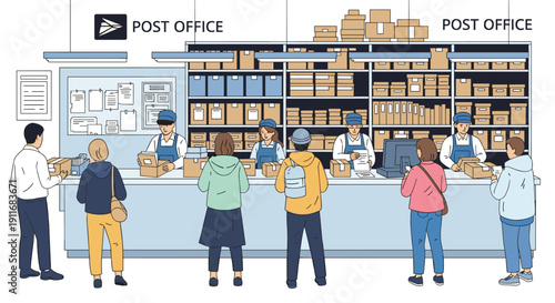 Diverse group of people standing in a queue at the post office counter to ship cardboard packages with the help of professional mail employees.