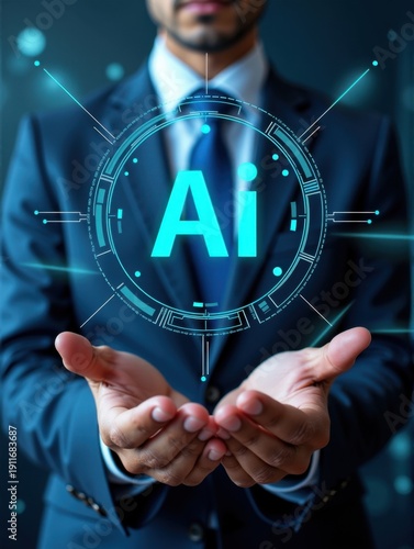 Businessman Holding Glowing Artificial Intelligence Logo in Futuristic HUD Interface, Concept of Digital Transformation, Innovation, and AI Technology in Business.