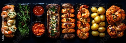 Panel kuchenny z motywem A selection of grilled seafood and meat arranged on a black platter with herbs and potatoes