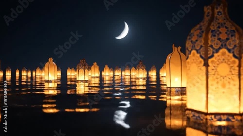 Lanterns on Water under Crescent Moon.