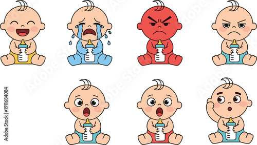 Cute Cartoon Baby Boy Vector Illustration Set Featuring Diverse Facial Expressions Crying Angry Laughing and Surprised Icons
