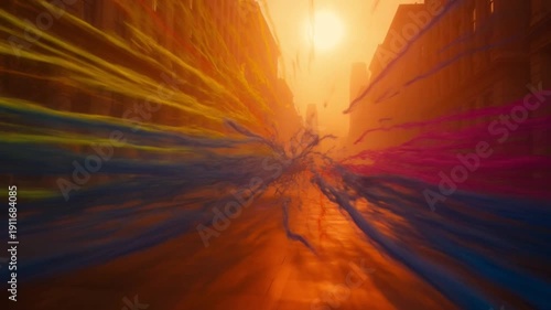 City Street with Colorful Light Trails in Dynamic Motion Blur with Vibrant Neon Colors for Urban Background