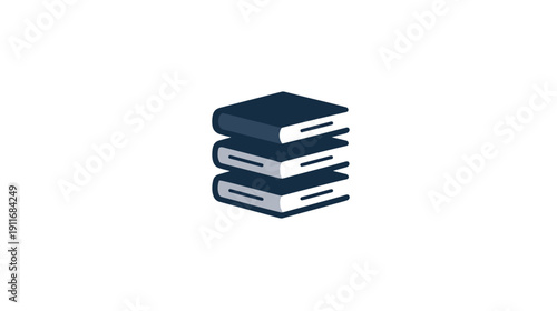 Illustration of three stacked books. Each book is a rectangle with a dark blue cover and white pages