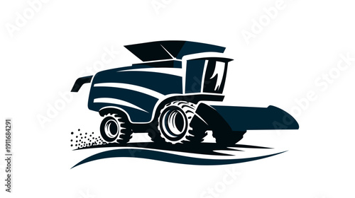 A stylized illustration featuring a dark blue farm harvester with a white background