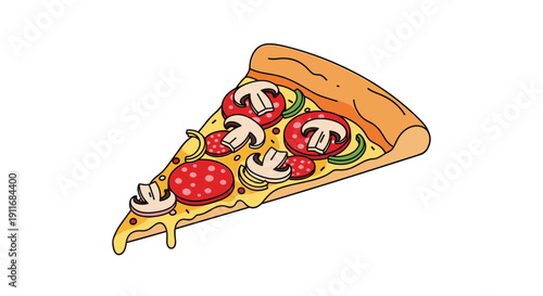 Delicious slice of pepperoni and mushroom pizza with green peppers and melting cheese shown as a flat vector illustration on a white background.