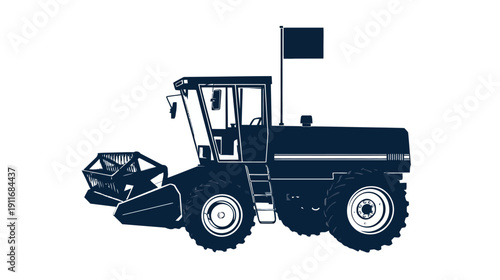 A dark blue-tone illustration of a combine harvester, viewed from side, with flag and detailed wheels