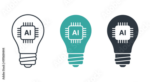 Three stylized light bulb icons symbolizing artificial intelligence concept ideas and innovation in technology