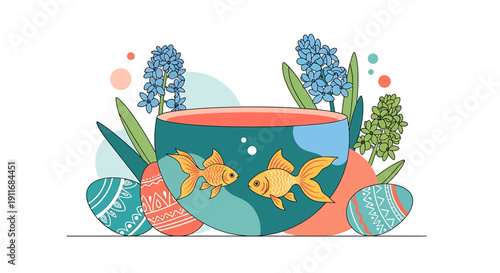 Festive spring illustration with two goldfish in a bowl, surrounded by blooming hyacinth flowers and ornamental eggs, symbolizing new beginnings and seasonal joy