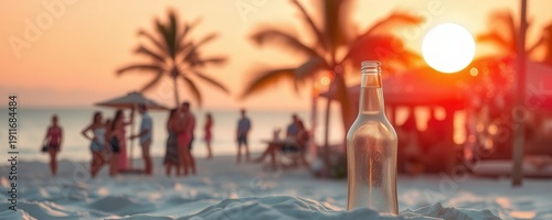 Sunset Beach Scene with Bottle and Relaxing Crowd