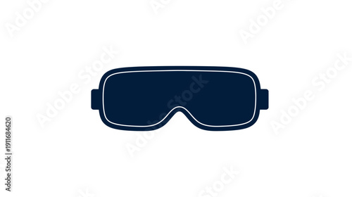 A dark blue virtual reality headset icon against a pure white background