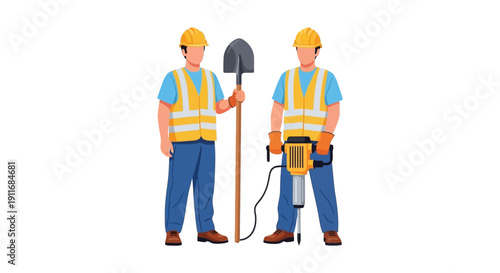 Two construction workers standing ready for manual labor tasks using tools for groundwork and demolition