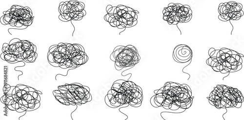 Overthinking Scribble and Tangle Brain Icons Set, Mental Health Anxiety Stress and Confusion Vector Illustration