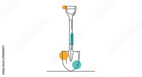 Garden shovel icon shown in simple line art style with colorful orange and blue decorative circles for landscaping and gardening tools concept.