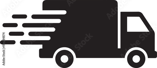 Minimalist Fast Delivery Icon: Solid Black Vector Silhouette of Shipping Truck with Speed Lines
