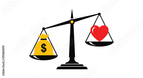 Concept of balancing financial wealth against matters of the heart on a classic scale illustration