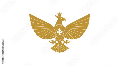 A golden eagle with outstretched wings and a crown, set against a white background