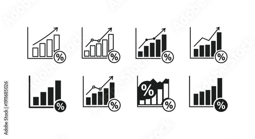 Set of eight business growth percentage chart icons illustrating positive statistical progress and financial success