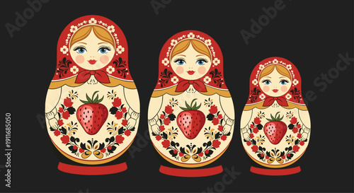 Traditional russian nesting dolls also known as matryoshka dolls featuring a beautiful strawberry and floral design on a black background space.