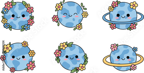 Cute Cartoon Planet Earth Vector Illustration Set with Smiling Faces and Colorful Flower Wreaths for Kids Space Design Icons