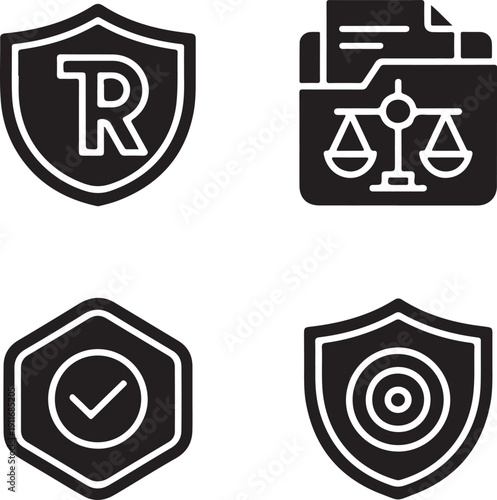 Four black with white symbols representing protection, law, verification, and precision