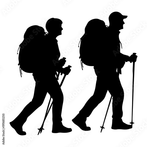 Senior Couple Hiking with Backpacks Silhouette Vector