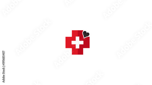 A red cross symbol with a white cross inside, and a black heart in upper right corner, on white background