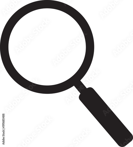 Minimalist silhouette vector icon of a search icon magnifying glass on white background
