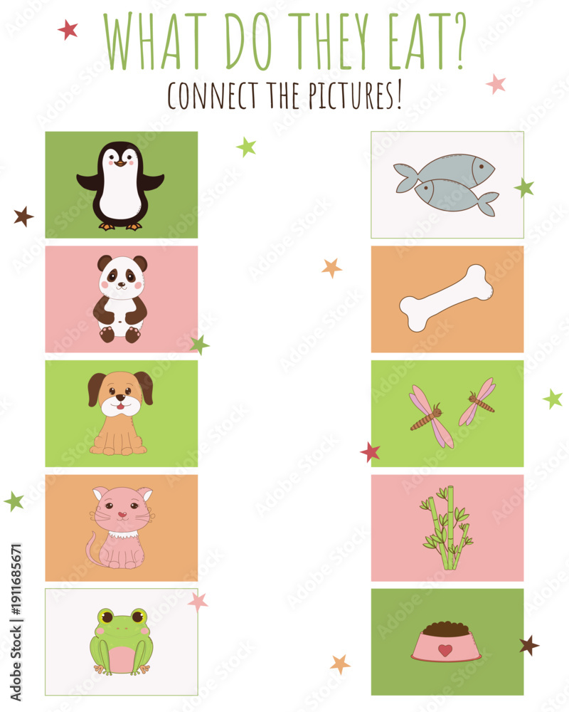 Fototapeta premium Children's task, educational game for children, who eats what, animals and food