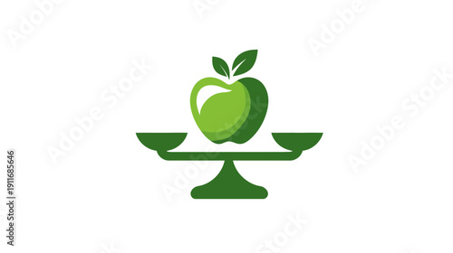 A healthy lifestyle concept represented by a green apple and leaves placed on a balanced scale