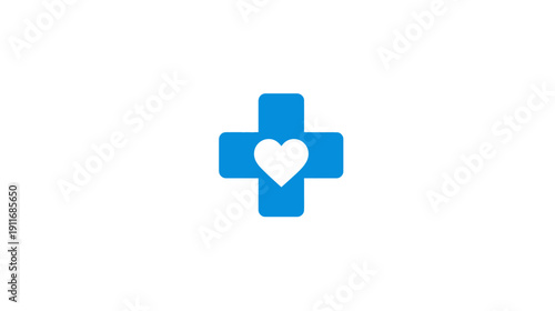 Blue cross with white heart in the center, on a white background. Simple and clean design