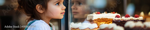 Little girl looking at cakes in bakery window display, side profile with reflection, sweet dessert shop concept, panoramic horizontal banner with copy space