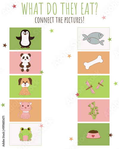 Children's task, educational game for children, who eats what, animals and food