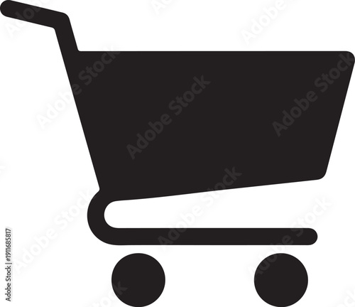 Minimalist silhouette vector icon of a Shopping cart side view on white background