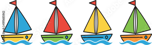 Colorful Sailboat Vector Illustration Set with Blue Red Yellow and Green Sails on Ocean Waves for Nautical Summer Design