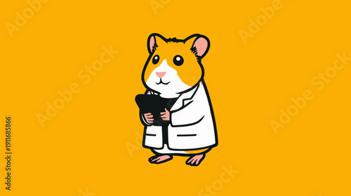 A cartoon hamster in a lab coat holding a clipboard, set against a solid orange background