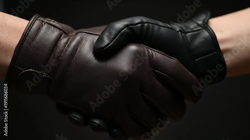 Close Up Handshake Between Two People Wearing Leather Gloves Against a Dark Background Business Deal Agreement Cooperation or Partnership