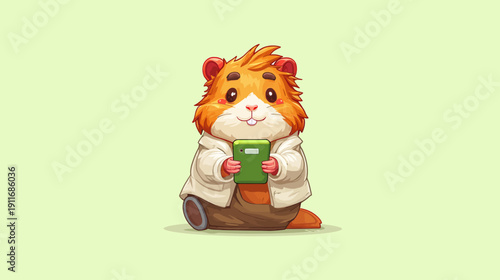 Adorable cartoon character resembling a rodent with fluffy orange fur holding a green device